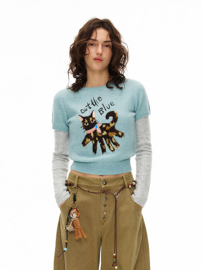 OuttheBlue Soft Slim Fit Faux Layer Embroidered Short Sleeve Travel Women Gray Blue Knitwear