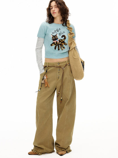 OuttheBlue Soft Slim Fit Faux Layer Embroidered Short Sleeve Travel Women Gray Blue Knitwear