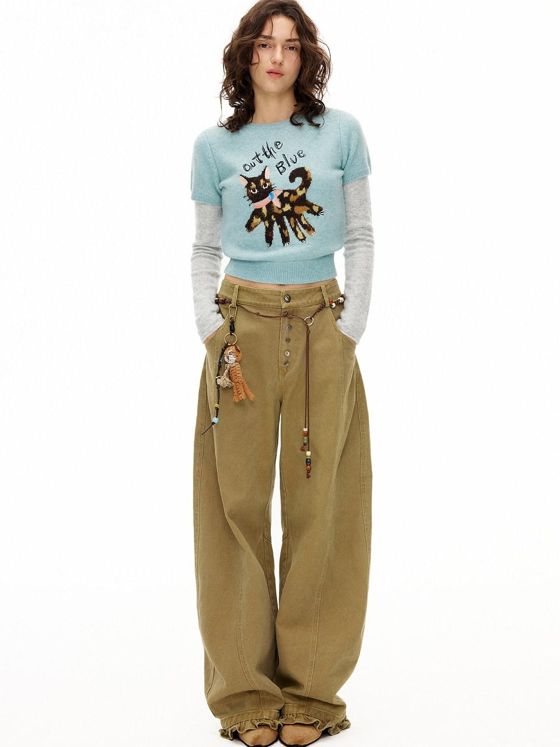 OuttheBlue Soft Slim Fit Faux Layer Embroidered Short Sleeve Travel Women Gray Blue Knitwear