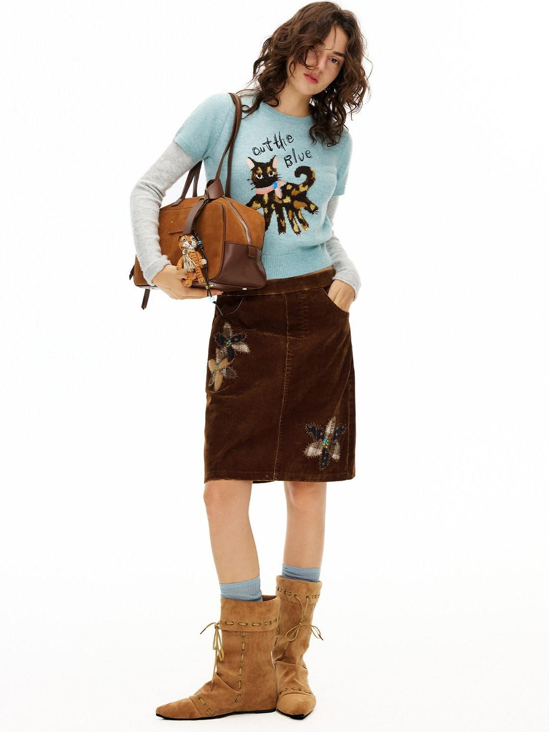 OuttheBlue Soft Slim Fit Faux Layer Embroidered Short Sleeve Travel Women Gray Blue Knitwear