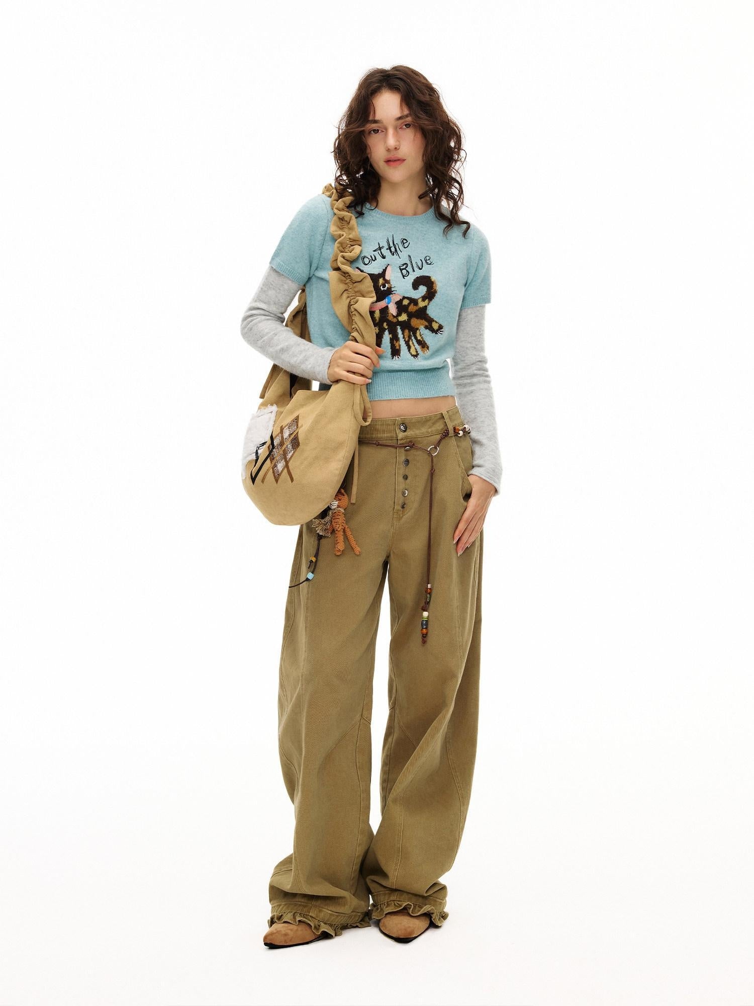 OuttheBlue Soft Slim Fit Faux Layer Embroidered Short Sleeve Travel Women Gray Blue Knitwear