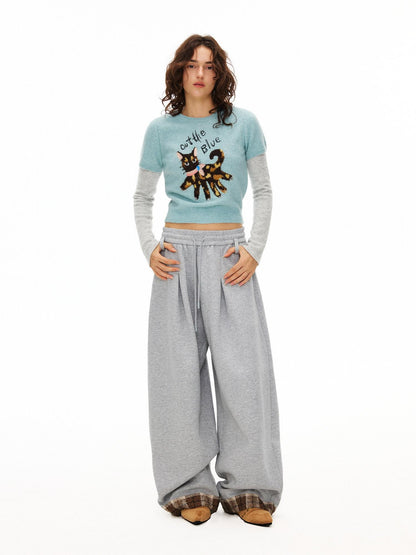 OuttheBlue Soft Slim Fit Faux Layer Embroidered Short Sleeve Travel Women Gray Blue Knitwear