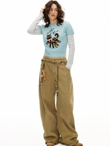 OuttheBlue Soft Slim Fit Faux Layer Embroidered Short Sleeve Travel Women Gray Blue Knitwear