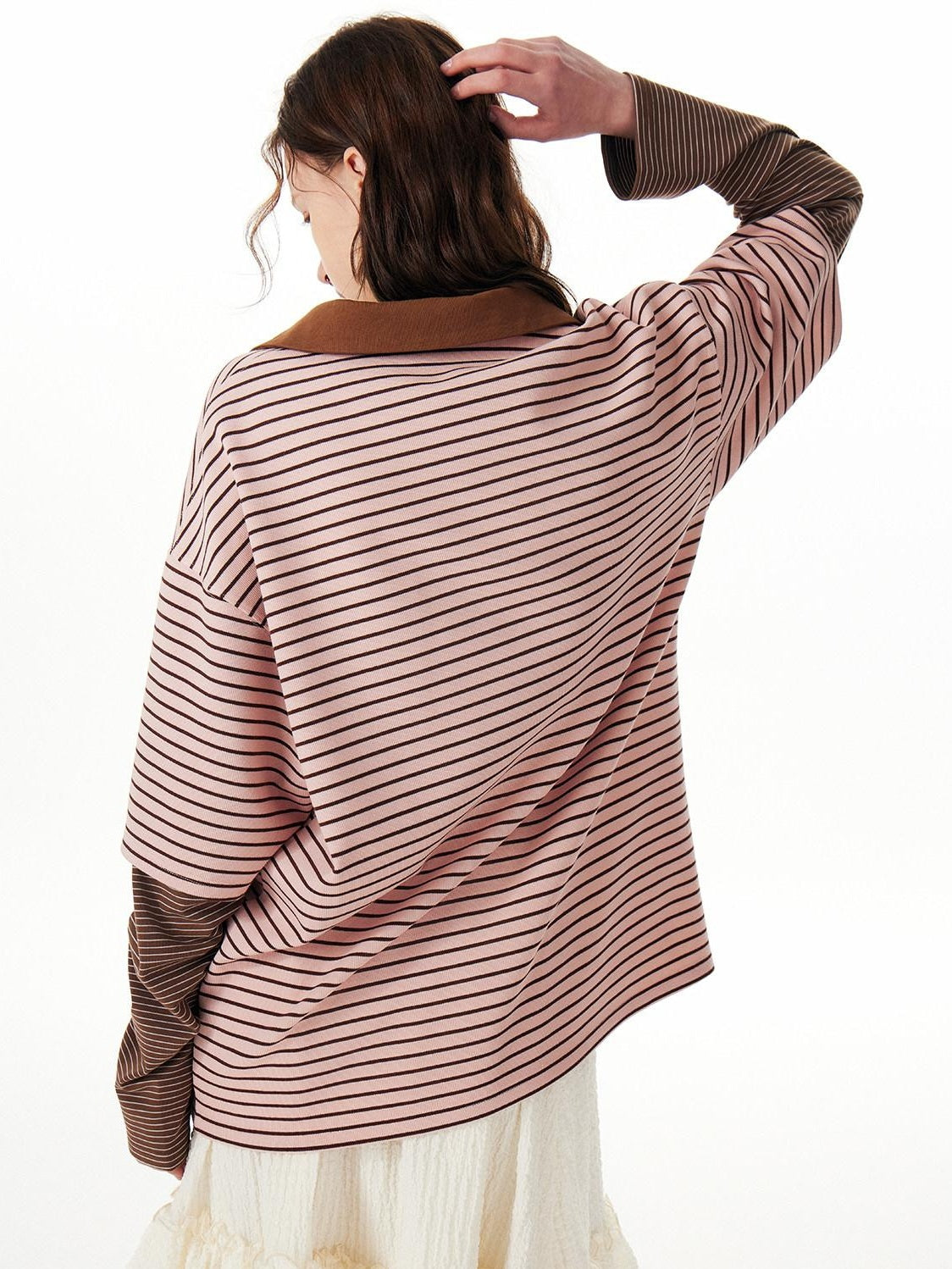 OuttheBlue Soft Stretch Artistic Striped V-neck Loose Fit Casual Women Long Sleeve T-Shirts