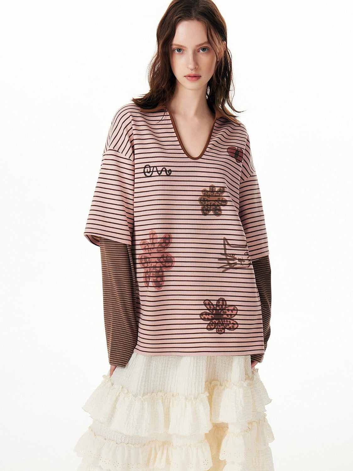 OuttheBlue Soft Stretch Artistic Striped V-neck Loose Fit Casual Women Long Sleeve T-Shirts
