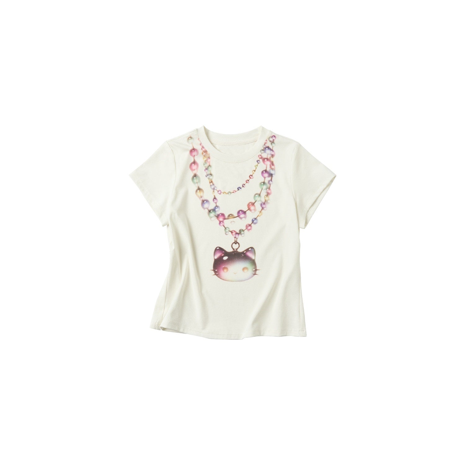 OuttheBlue Soft Stretch Slim Fit Round Neck Women White Cat Print Short Sleeve T-Shirts