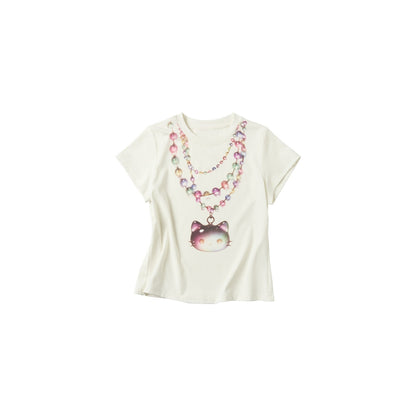 OuttheBlue Soft Stretch Slim Fit Round Neck Women White Cat Print Short Sleeve T-Shirts