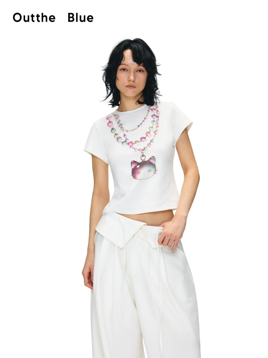 OuttheBlue Soft Stretch Slim Fit Round Neck Women White Cat Print Short Sleeve T-Shirts