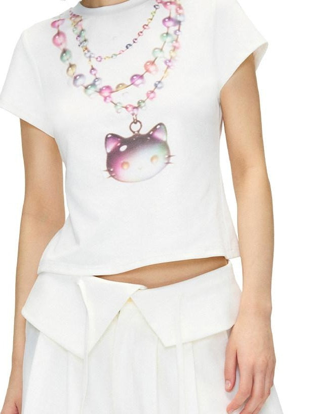 OuttheBlue Soft Stretch Slim Fit Round Neck Women White Cat Print Short Sleeve T-Shirts