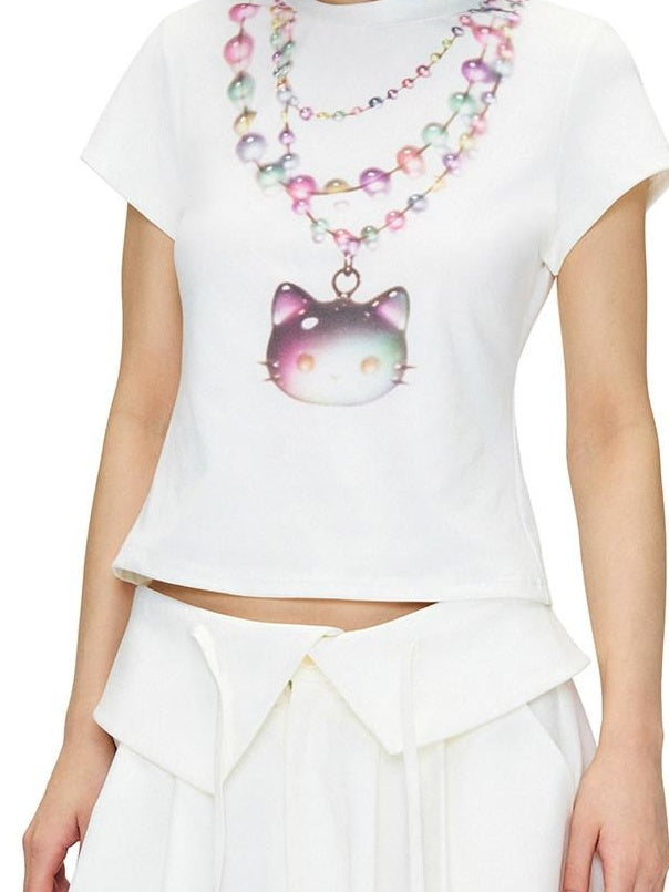 OuttheBlue Soft Stretch Slim Fit Round Neck Women White Cat Print Short Sleeve T-Shirts