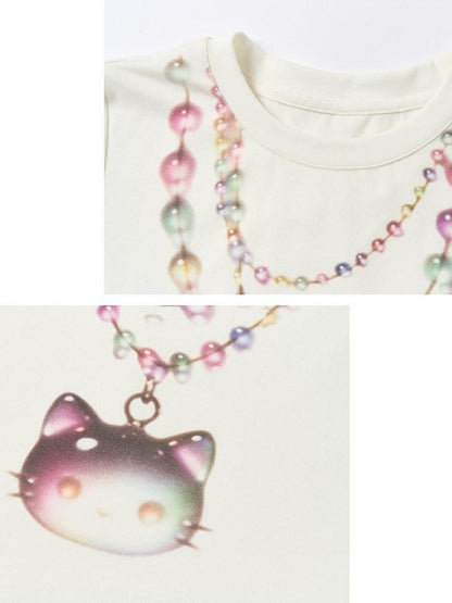 OuttheBlue Soft Stretch Slim Fit Round Neck Women White Cat Print Short Sleeve T-Shirts