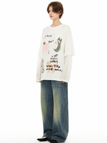 OuttheBlue Soft Tencel Patchwork Animal Print Casual White Long Sleeve T-Shirts
