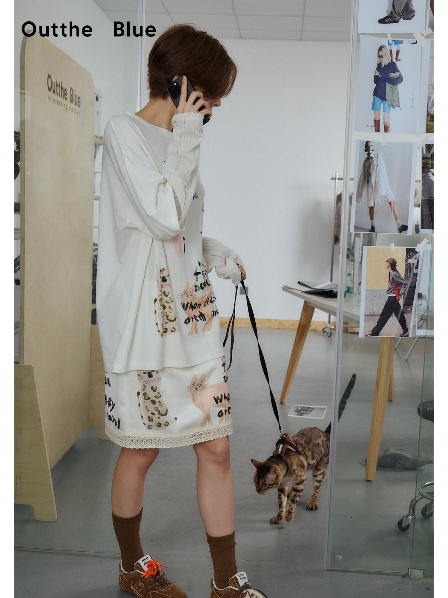 OuttheBlue Soft Tencel Patchwork Animal Print Casual White Long Sleeve T-Shirts
