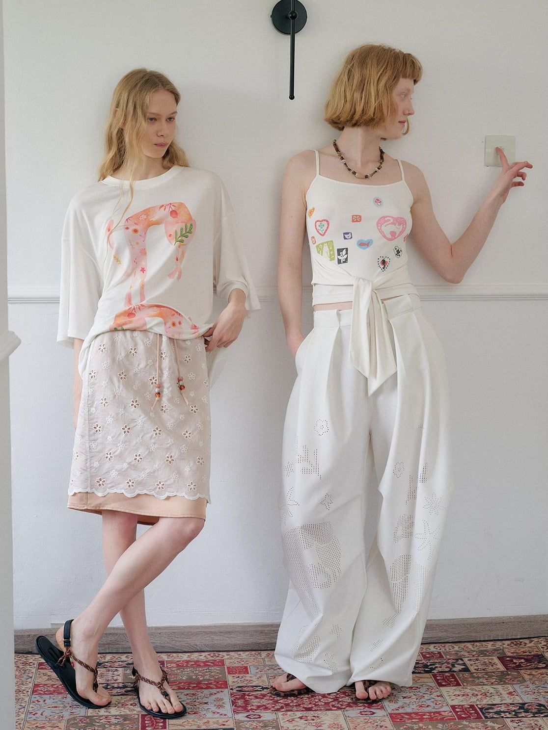 OuttheBlue Soft Tencel Round Neck Two Piece White Tee Pink Orange Skirt Top &amp; Skirt Sets