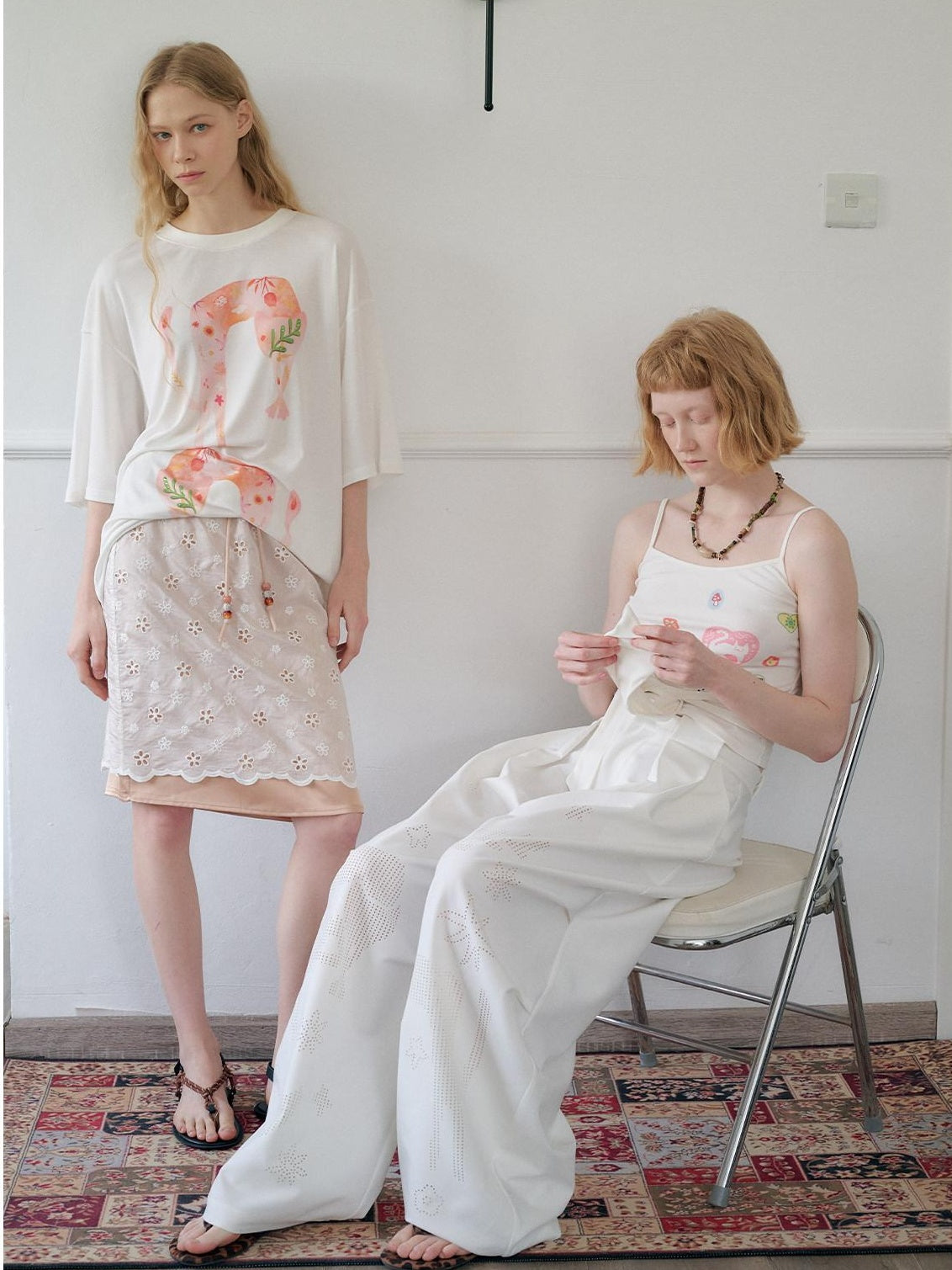 OuttheBlue Soft Tencel Round Neck Two Piece White Tee Pink Orange Skirt Top &amp; Skirt Sets