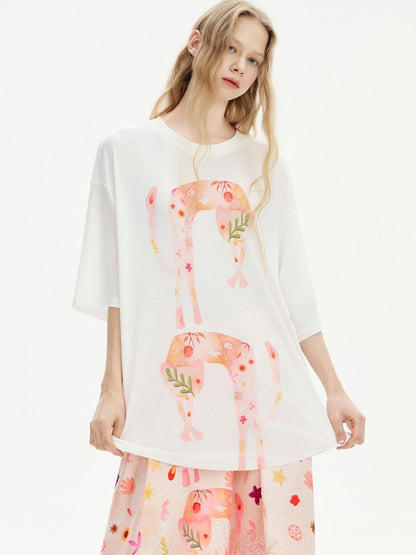 OuttheBlue Soft Tencel Round Neck Two Piece White Tee Pink Orange Skirt Top &amp; Skirt Sets