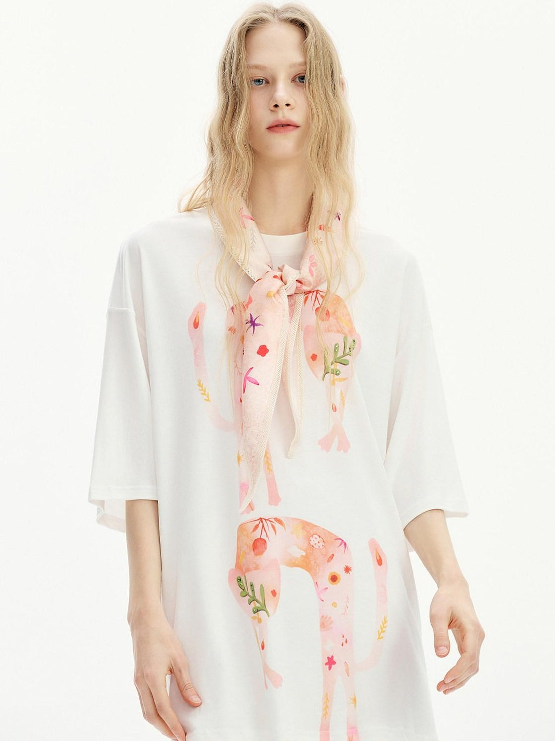 OuttheBlue Soft Tencel Round Neck Two Piece White Tee Pink Orange Skirt Top &amp; Skirt Sets