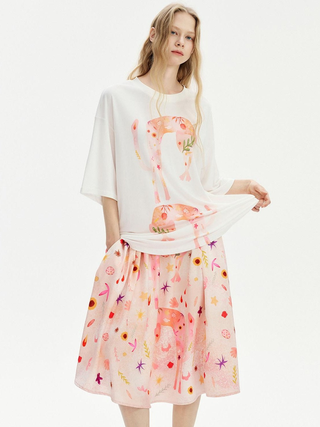 OuttheBlue Soft Tencel Round Neck Two Piece White Tee Pink Orange Skirt Top &amp; Skirt Sets