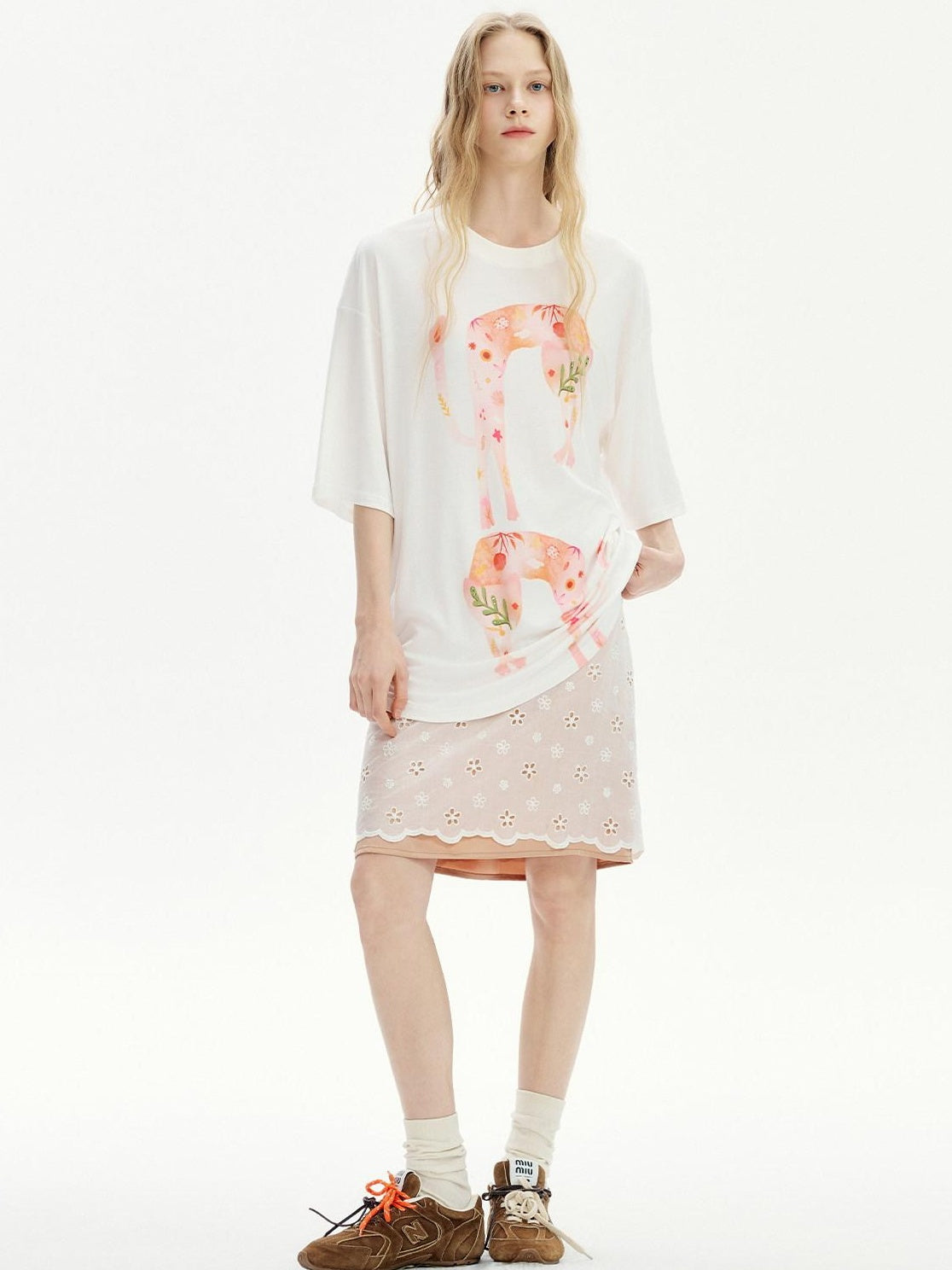 OuttheBlue Soft Tencel Round Neck Two Piece White Tee Pink Orange Skirt Top &amp; Skirt Sets