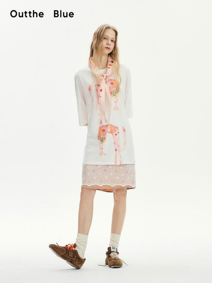 OuttheBlue Soft Tencel Round Neck Two Piece White Tee Pink Orange Skirt Top &amp; Skirt Sets
