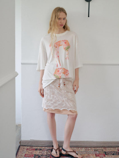 OuttheBlue Soft Tencel Round Neck Two Piece White Tee Pink Orange Skirt Top &amp; Skirt Sets