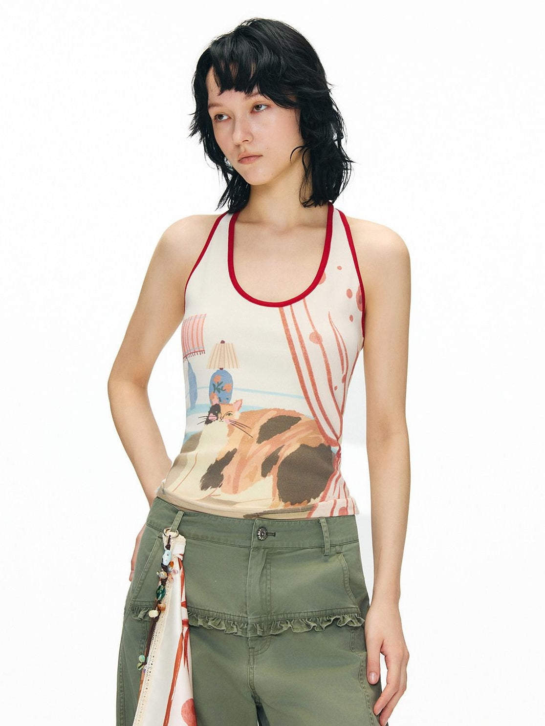 OuttheBlue Soft Viscose Printed Slim U Neck Racerback Cropped Women Casual Tank Tops
