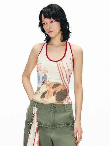 OuttheBlue Soft Viscose Printed Slim U Neck Racerback Cropped Women Casual Tank Tops