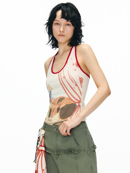 OuttheBlue Soft Viscose Printed Slim U Neck Racerback Cropped Women Casual Tank Tops