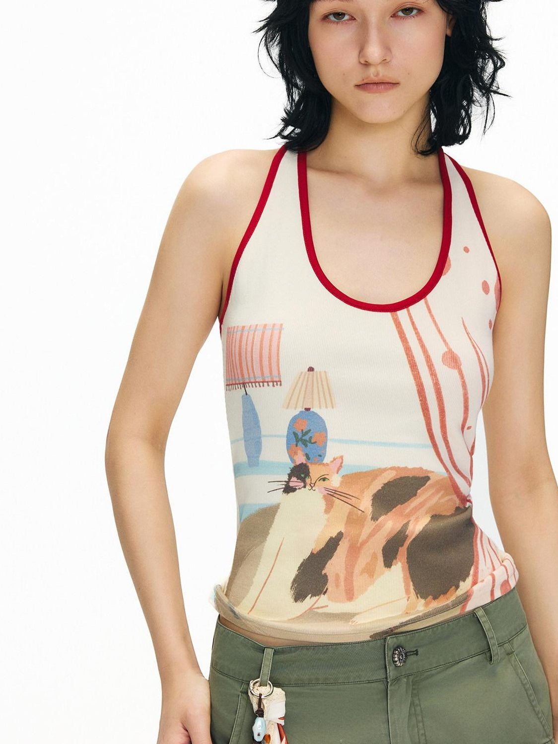 OuttheBlue Soft Viscose Printed Slim U Neck Racerback Cropped Women Casual Tank Tops