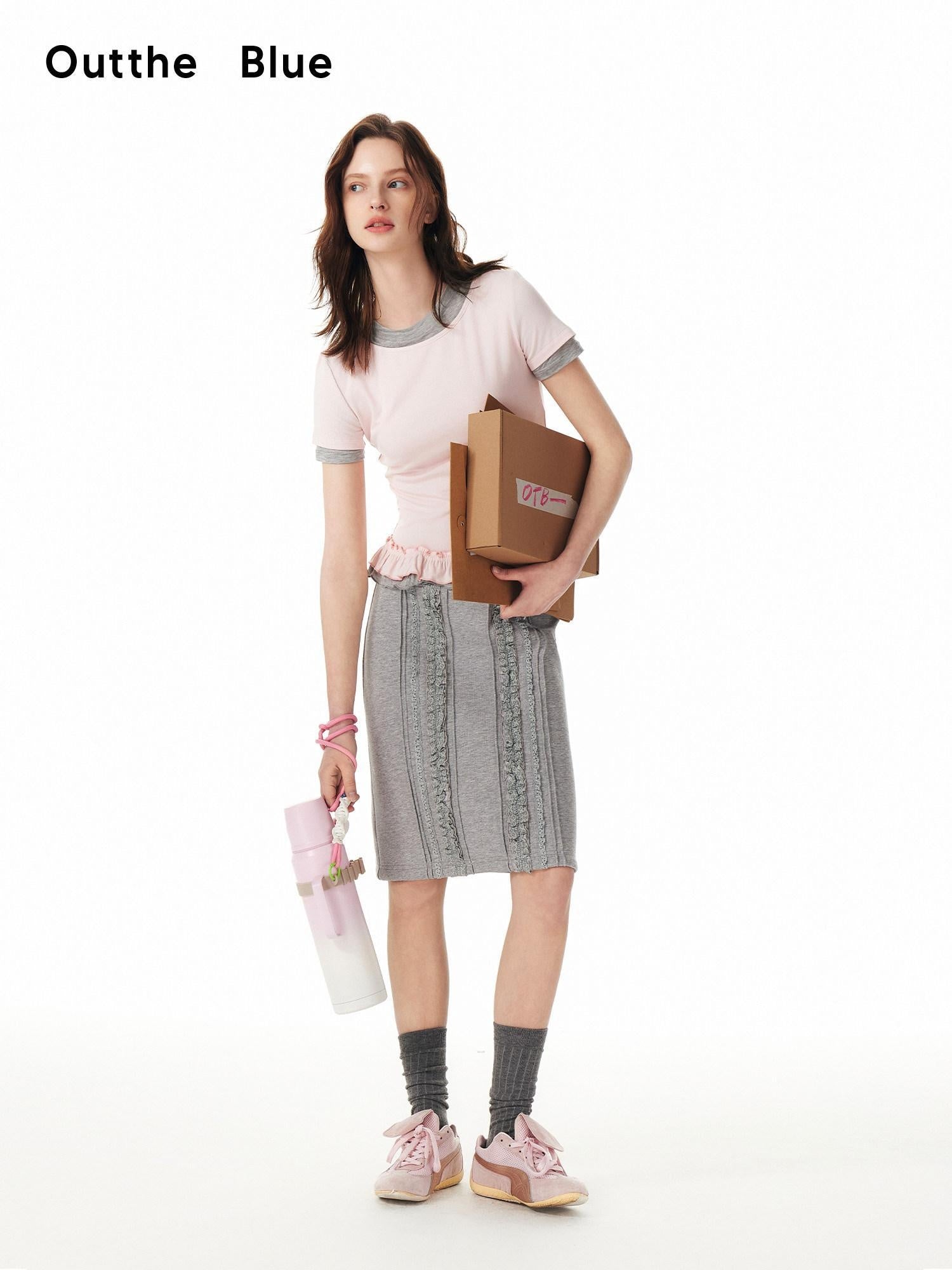 OuttheBlue Soft Viscose Stretch Cute Slim Fit Colorblock Cropped Short Sleeve T-Shirts
