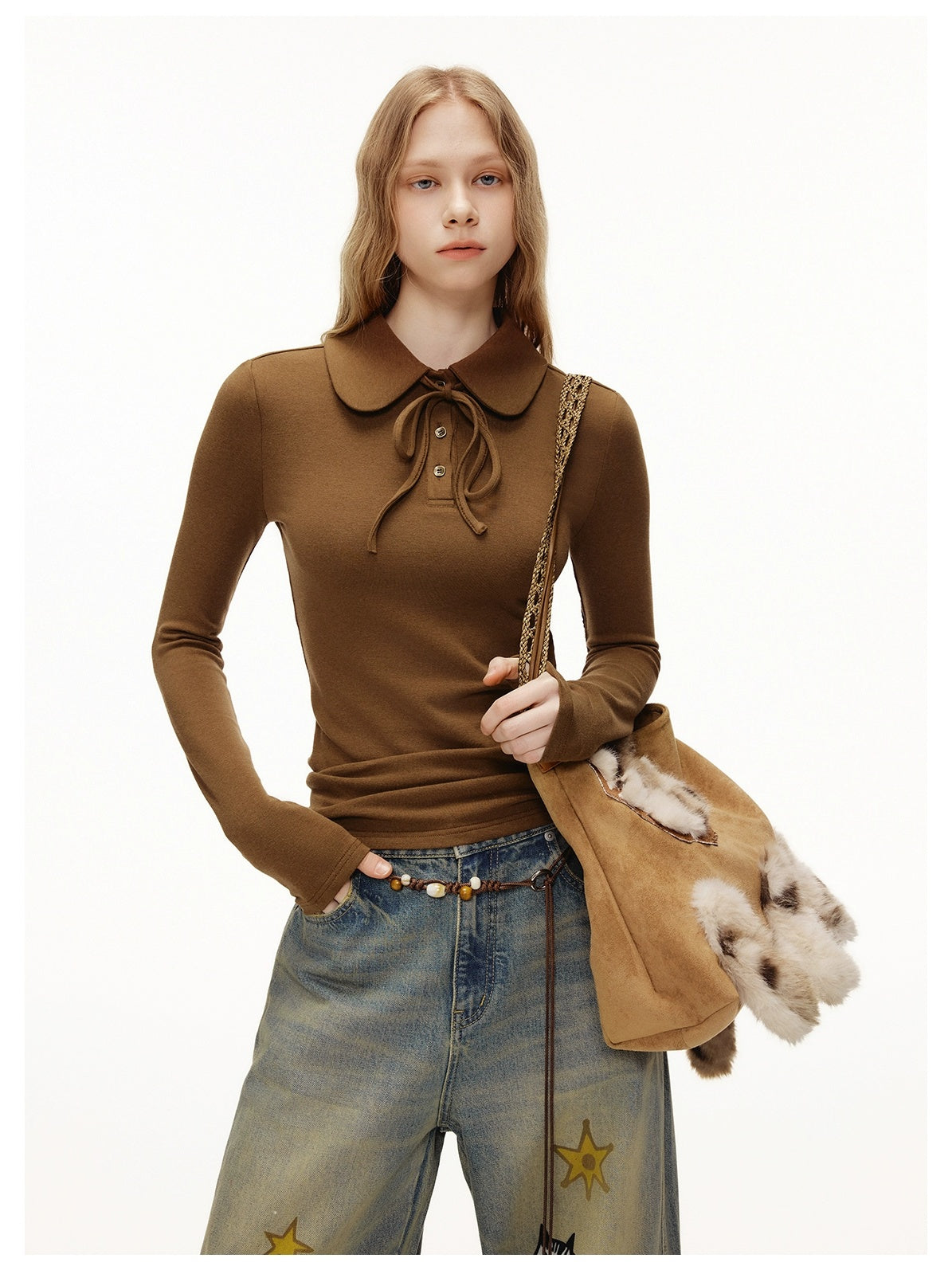 OuttheBlue Soft Viscose Wool Blend Slim Fit Henley Long Sleeve Casual Women Cocoa T-Shirt