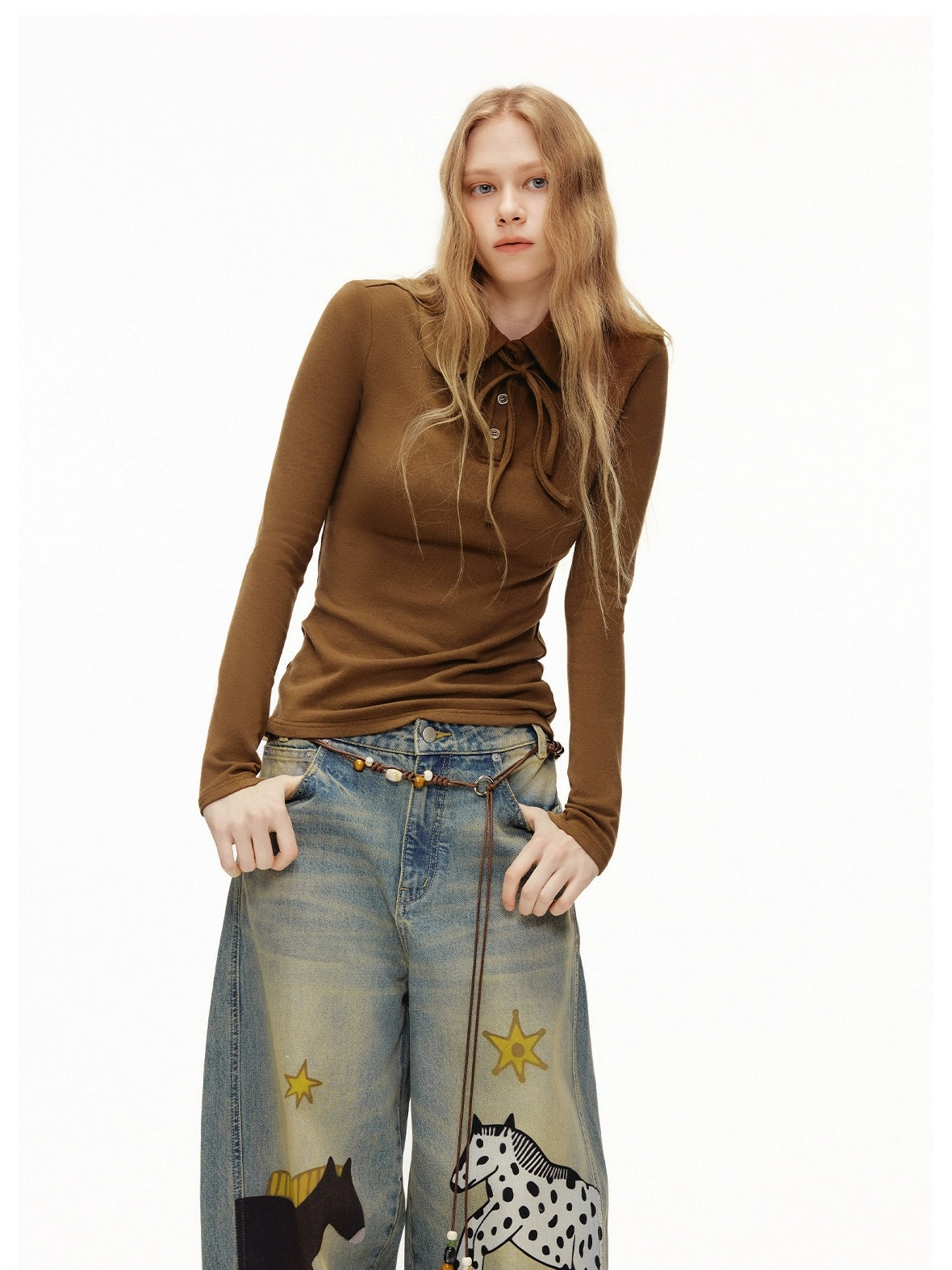 OuttheBlue Soft Viscose Wool Blend Slim Fit Henley Long Sleeve Casual Women Cocoa T-Shirt