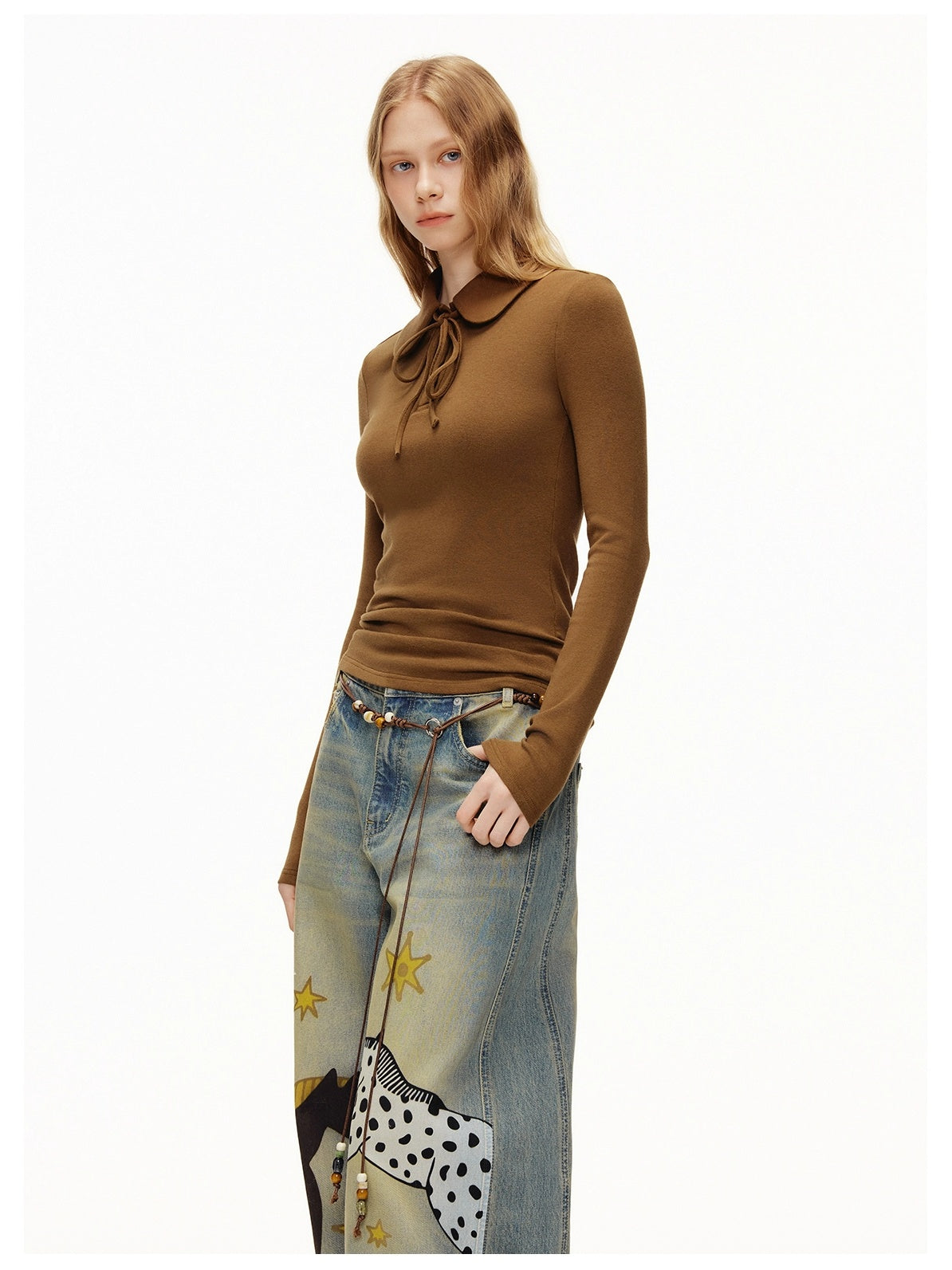 OuttheBlue Soft Viscose Wool Blend Slim Fit Henley Long Sleeve Casual Women Cocoa T-Shirt