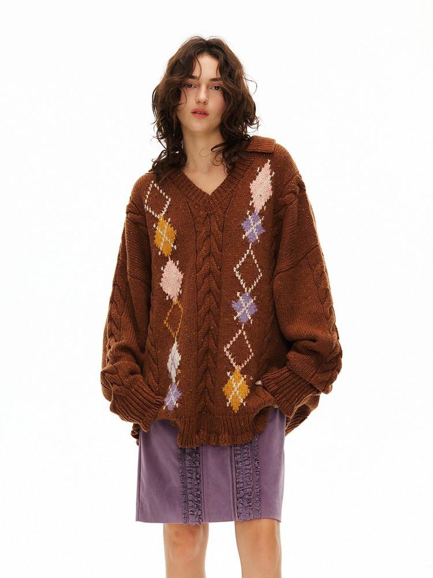 OuttheBlue Soft Wool Blend Argyle V-neck Single Row Button Relaxed Caramel Knitwear