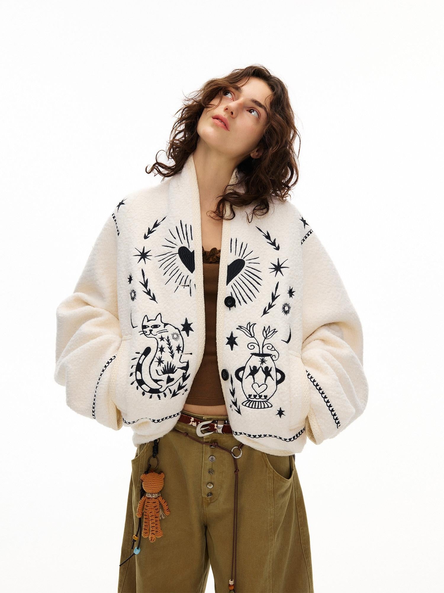 OuttheBlue Soft Wool Blend Loose Drop Shoulder V-neck Short Floral Beige Cardigans