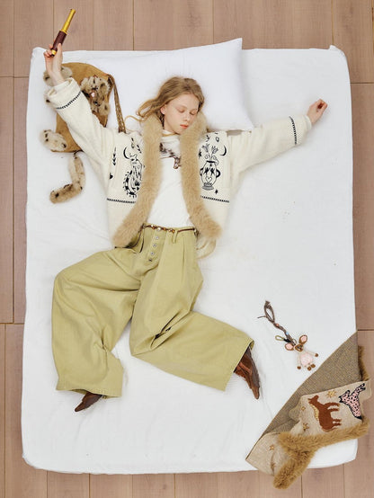 OuttheBlue Soft Wool Blend Loose Drop Shoulder V-neck Short Floral Beige Cardigans