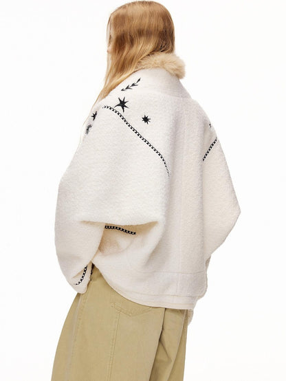 OuttheBlue Soft Wool Blend Loose Drop Shoulder V-neck Short Floral Beige Cardigans