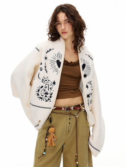 OuttheBlue Soft Wool Blend Loose Drop Shoulder V-neck Short Floral Beige Cardigans