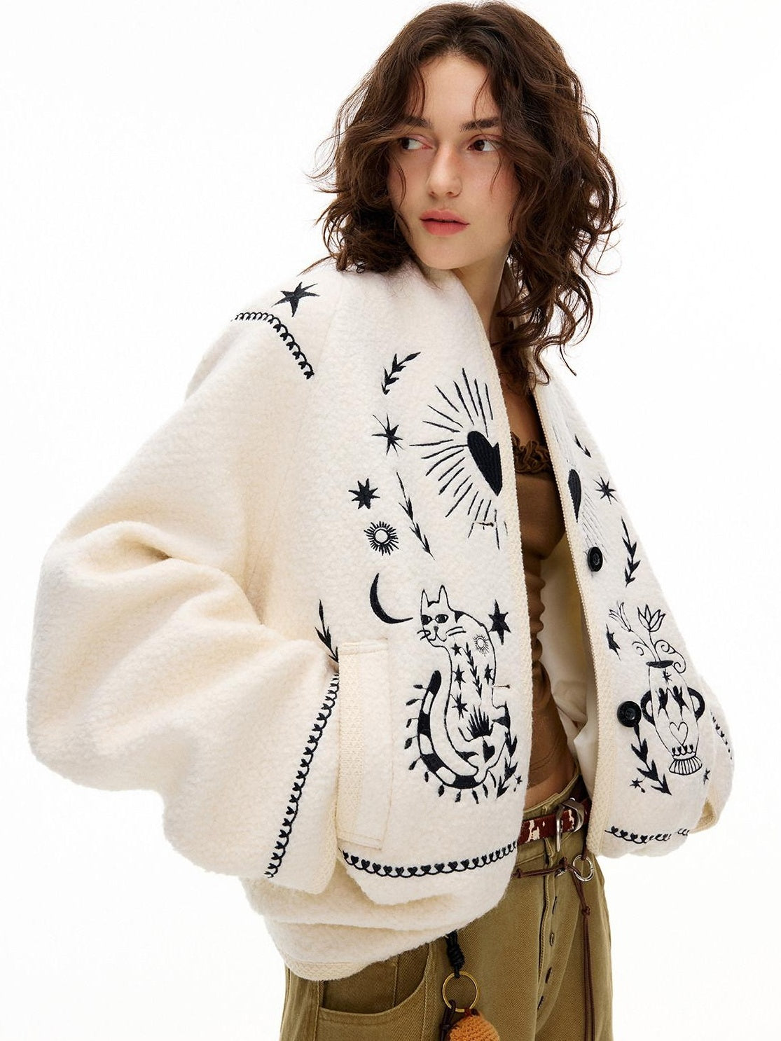 OuttheBlue Soft Wool Blend Loose Drop Shoulder V-neck Short Floral Beige Cardigans