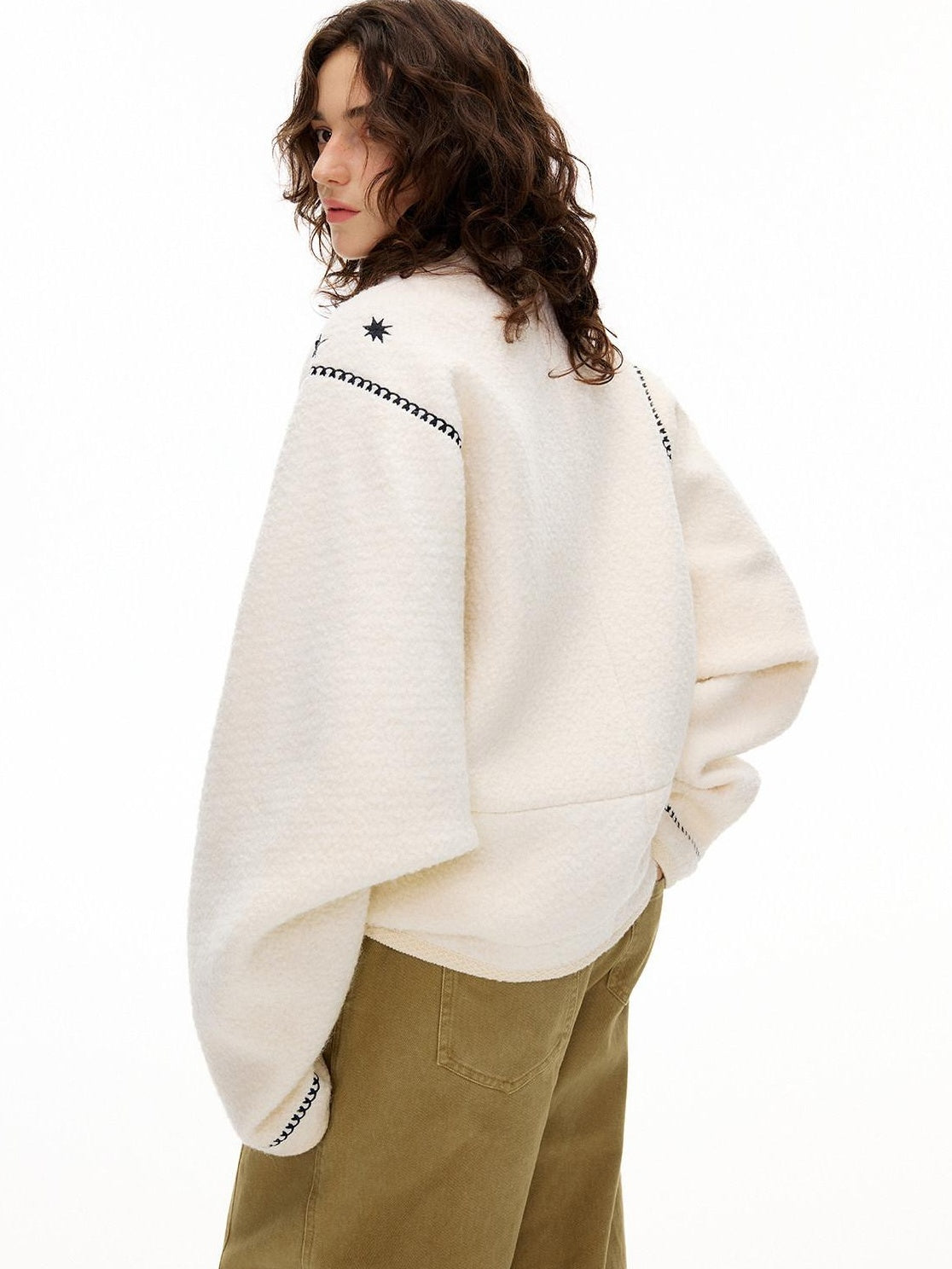 OuttheBlue Soft Wool Blend Loose Drop Shoulder V-neck Short Floral Beige Cardigans
