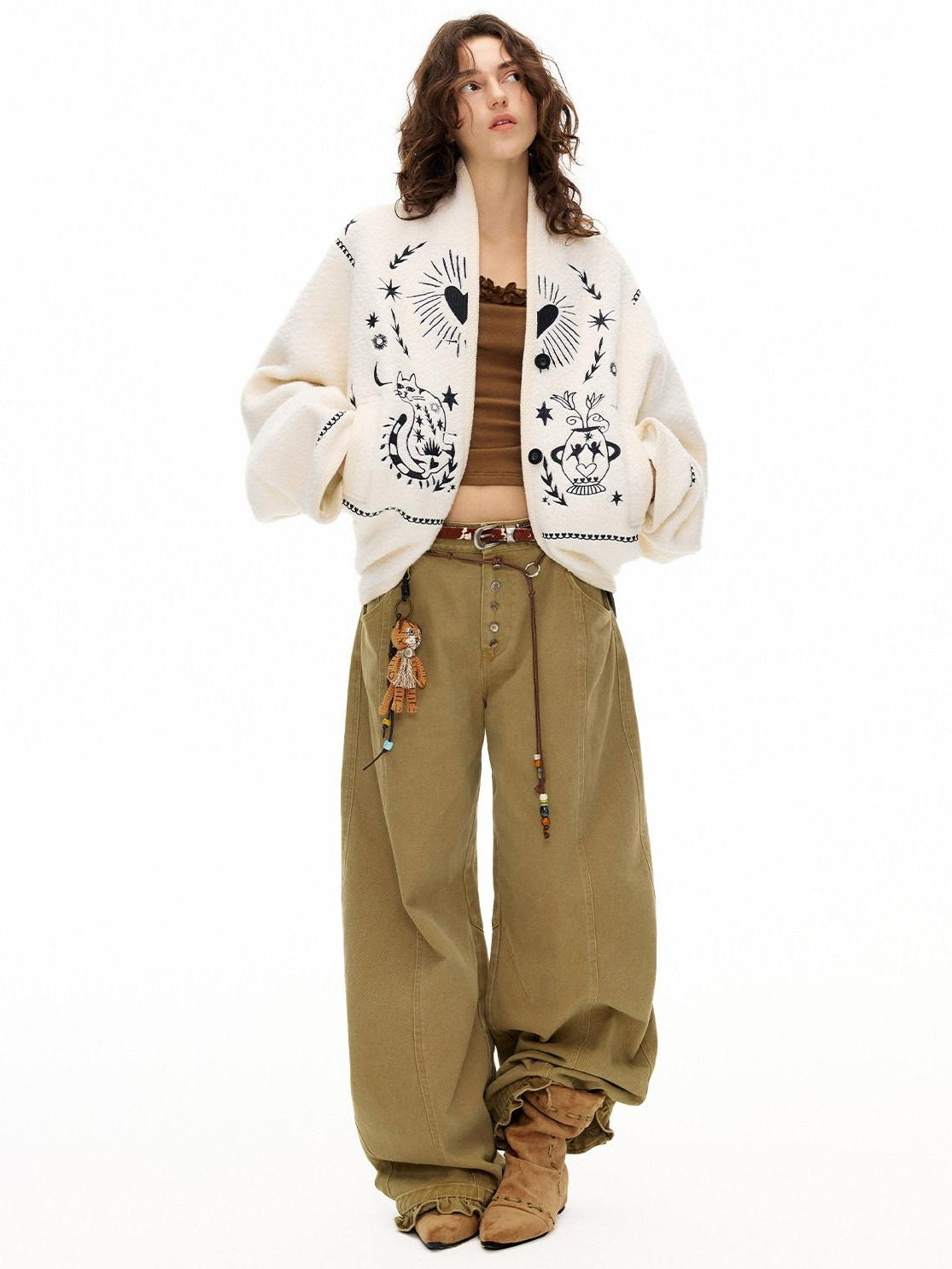 OuttheBlue Soft Wool Blend Loose Drop Shoulder V-neck Short Floral Beige Cardigans