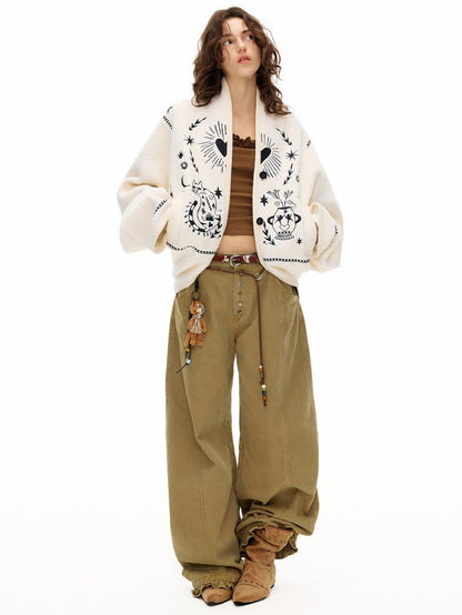OuttheBlue Soft Wool Blend Loose Drop Shoulder V-neck Short Floral Beige Cardigans