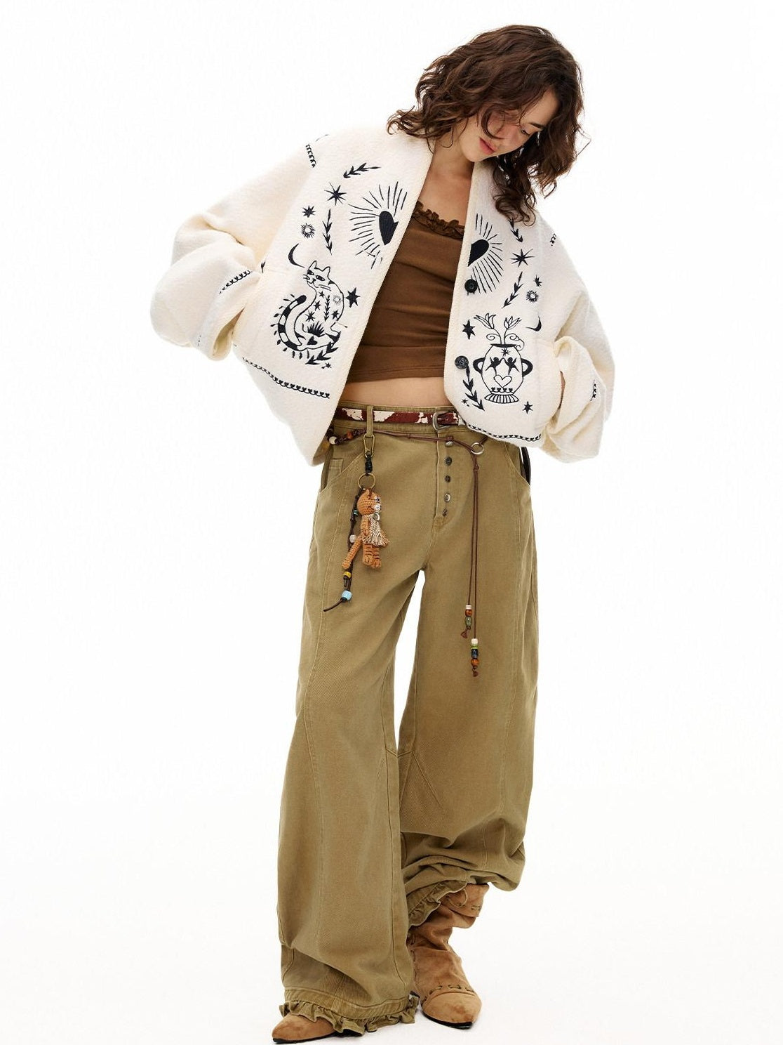 OuttheBlue Soft Wool Blend Loose Drop Shoulder V-neck Short Floral Beige Cardigans