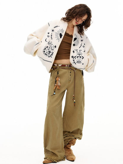 OuttheBlue Soft Wool Blend Loose Drop Shoulder V-neck Short Floral Beige Cardigans