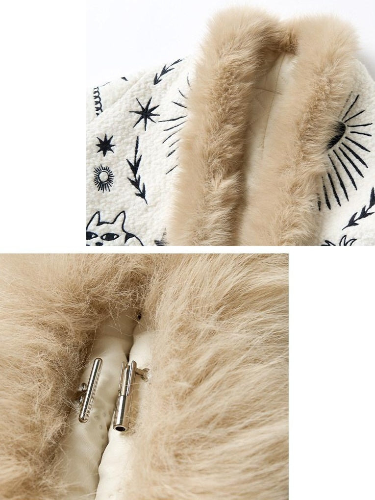 OuttheBlue Soft Wool Blend Loose Drop Shoulder V-neck Short Floral Beige Cardigans
