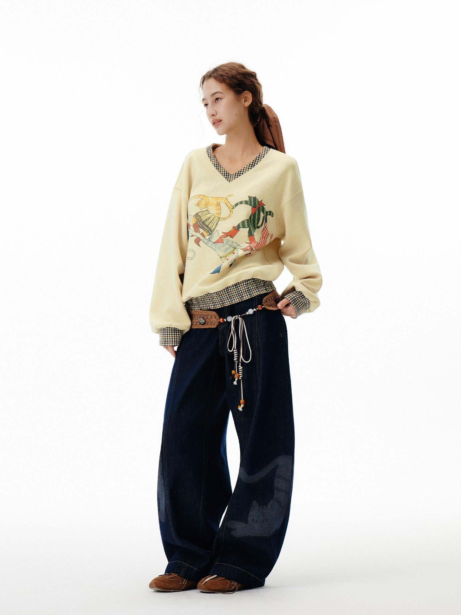OuttheBlue Soft Wool Blend V-neck Plaid Loose Fit Commuter Pullover Light Yellow Sweatshirt
