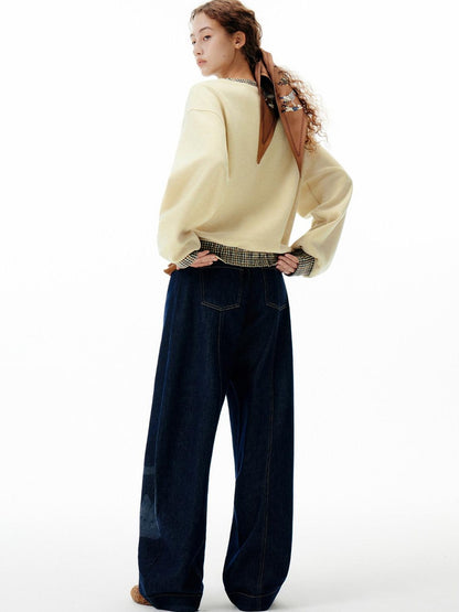 OuttheBlue Soft Wool Blend V-neck Plaid Loose Fit Commuter Pullover Light Yellow Sweatshirt