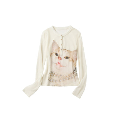 OuttheBlue Soft Wool Lyocell Slim Fit Casual Printed Women Pearl White Long Sleeve T-Shirts