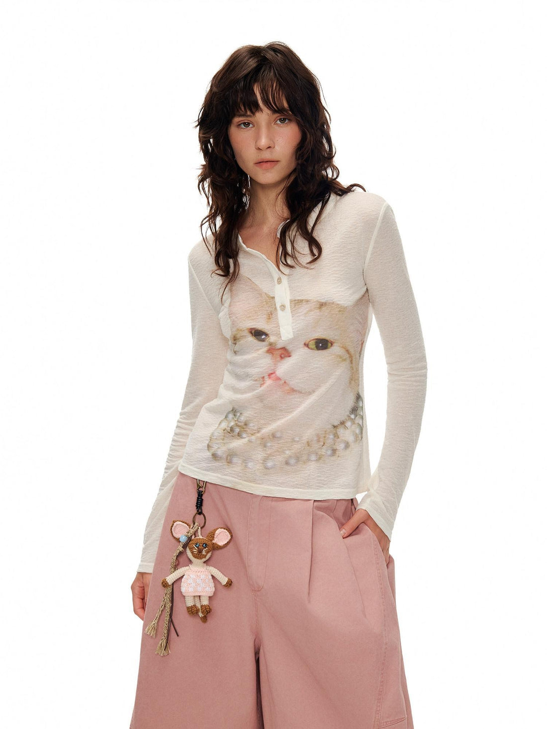 OuttheBlue Soft Wool Lyocell Slim Fit Casual Printed Women Pearl White Long Sleeve T-Shirts