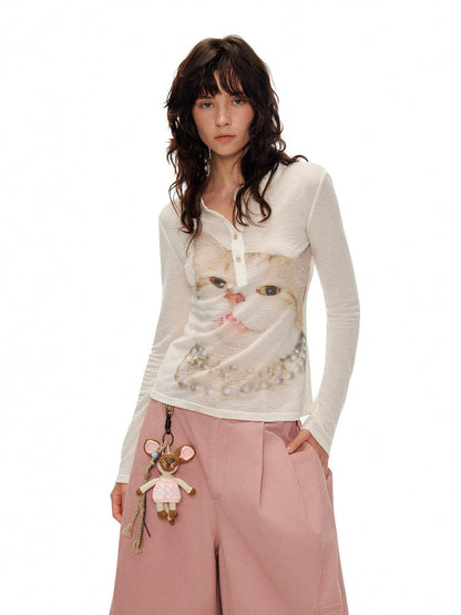 OuttheBlue Soft Wool Lyocell Slim Fit Casual Printed Women Pearl White Long Sleeve T-Shirts